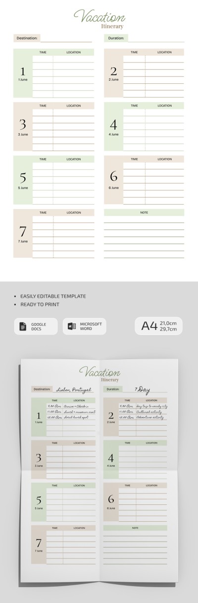 Perfect Vacation Itinerary Template