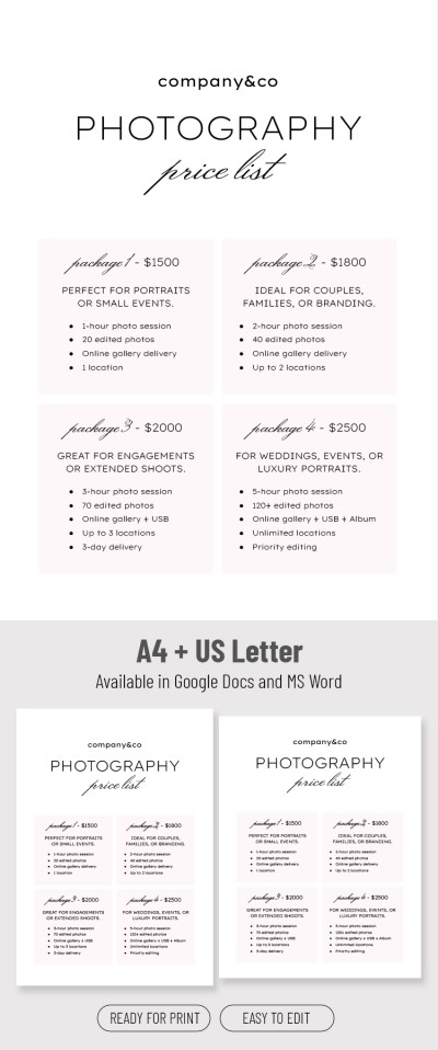 Editable Photography Price List Template