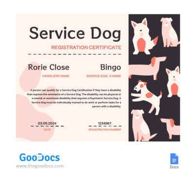 Certificat de service du chien rose Modèle