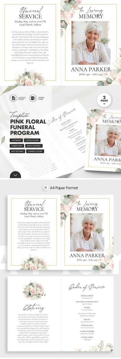 Pink Floral Funeral Program Template Template