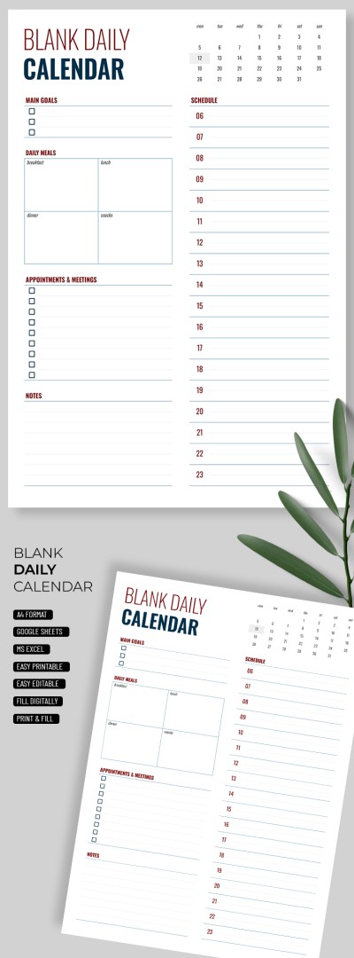 Portrait Daily Blank Calendar Template Template