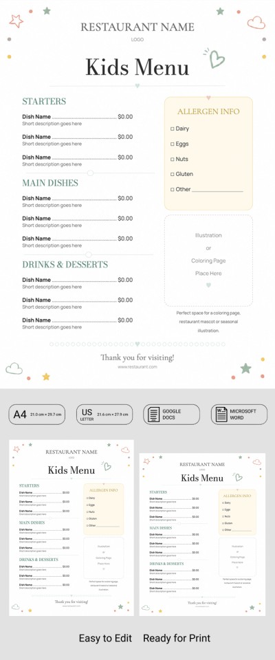 Modèle de menu enfant vierge imprimable Modèle