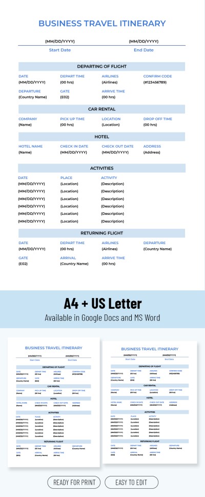 Druckbare Geschäftsreise-Reiseroutenvorlage Vorlage