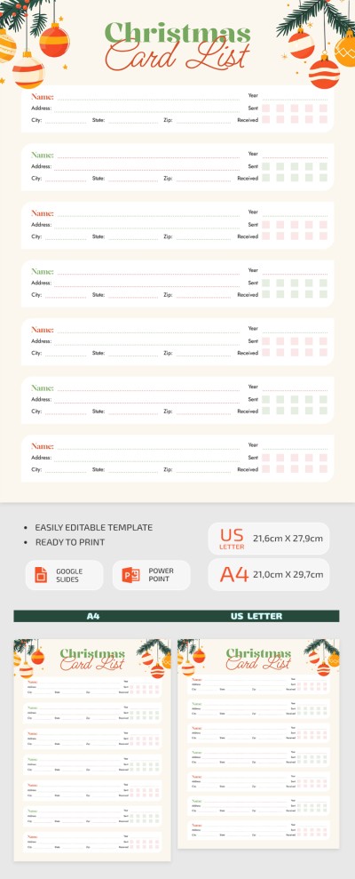 Printable Christmas Card List Template Template