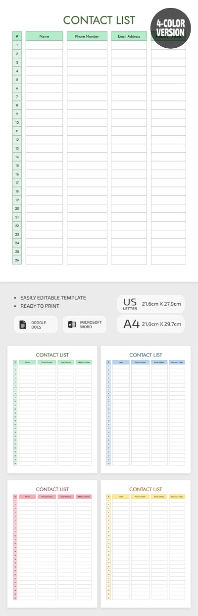 Printable Contact List Template Template