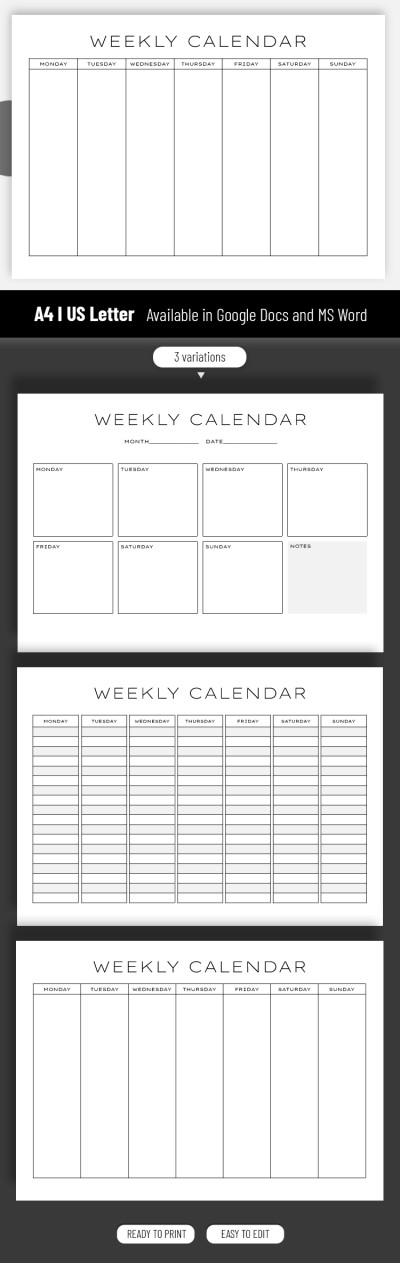 Plantillas de calendario semanal imprimibles y personalizables