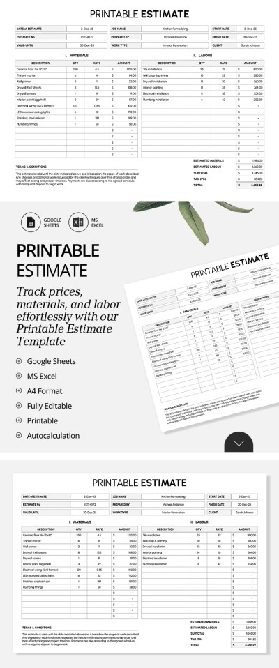 Modèle d'estimation imprimable pour suivre les prix & matériaux & main-d'œuvre Modèle