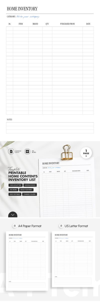 Plantilla de Lista Imprimible de Inventario de Contenidos del Hogar Plantilla