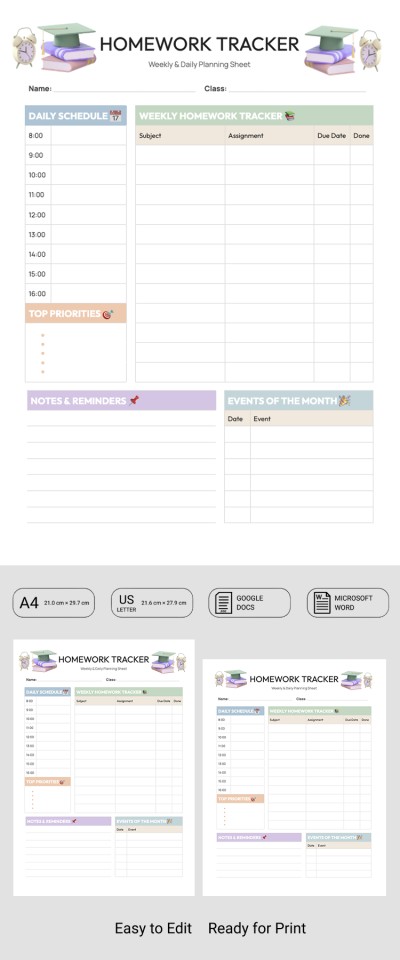 Printable Homework Tracker Template Template