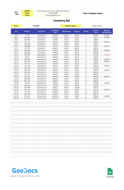 Printable Inventory List Template