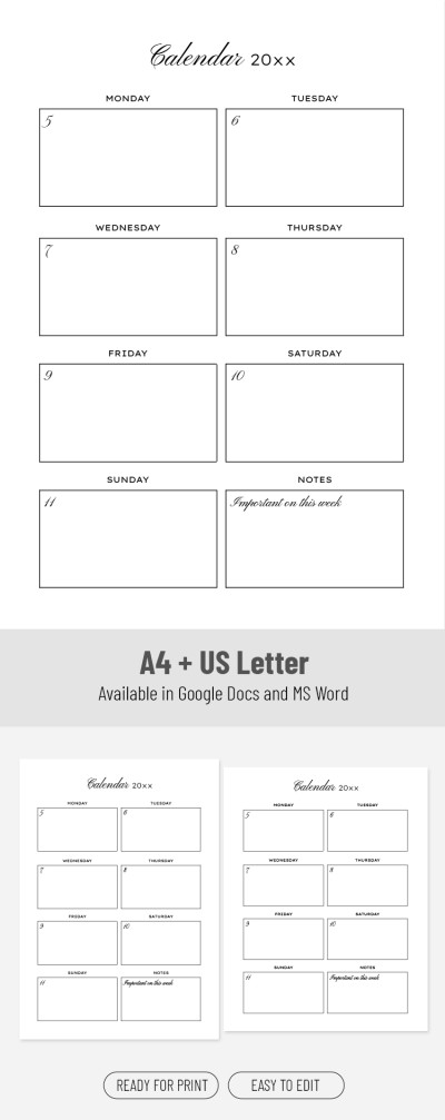 Printable One Week Calendar Template Template