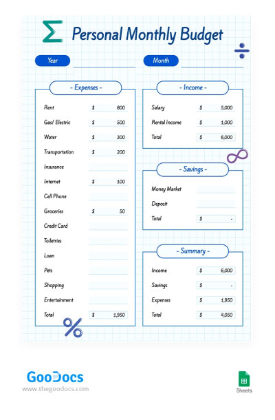 Personal Monthly Budget Template