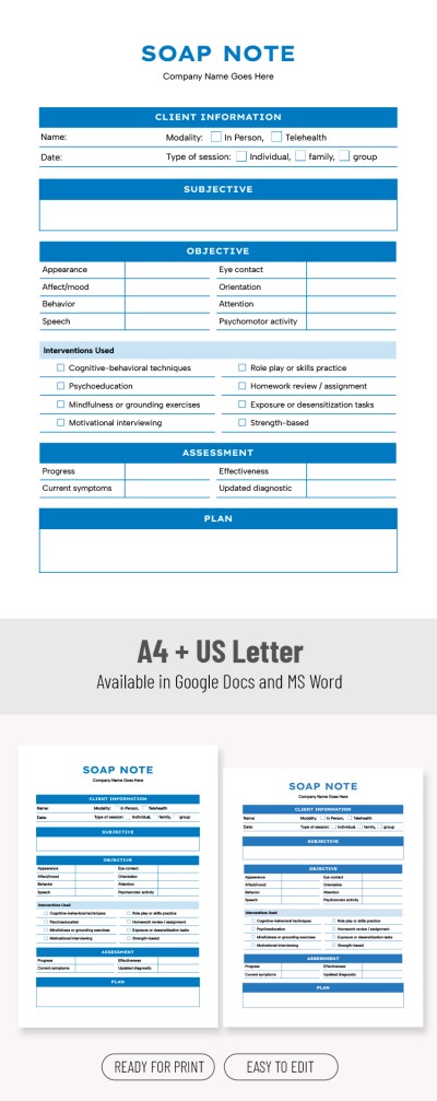 Modèle de note SOAP imprimable pour les séances de thérapie Modèle