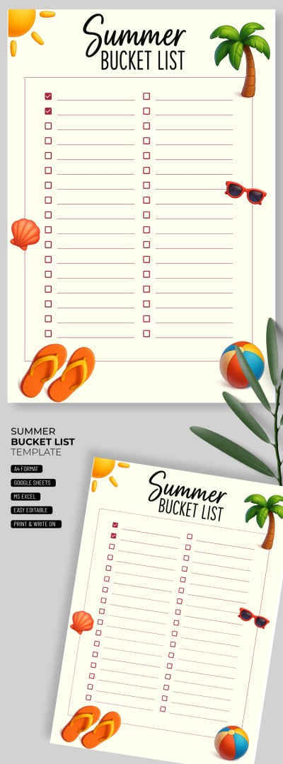 Printable Summer Bucket List Template Template