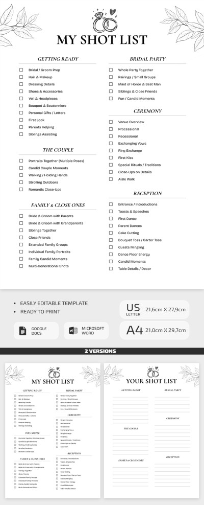 Printable Wedding Shot List Template Template