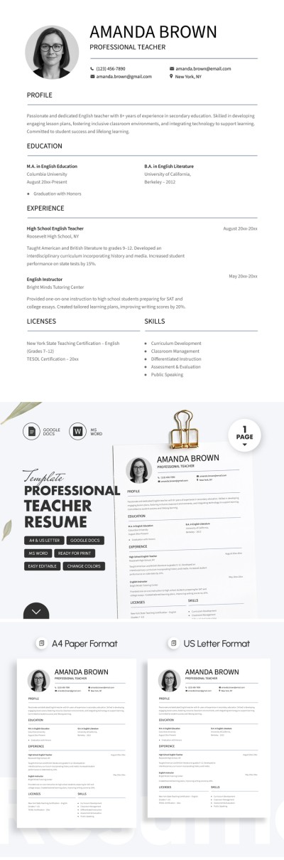 Professional Teacher Resume Template For Job Applications