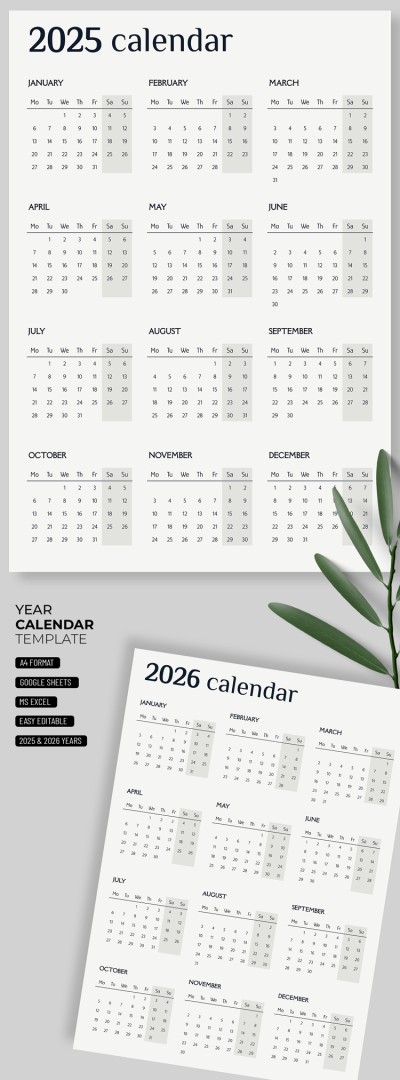 2025-2026 Calendário Ano Minimalista
