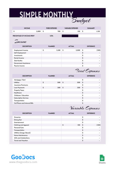 Purple Simple Monthly Budget Template