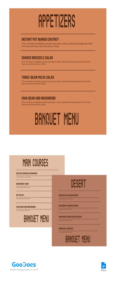 Menu del Ristorante per Banchetti Modello