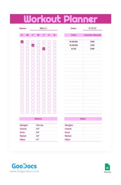 Planner de exercícios cor-de-rosa Modelo