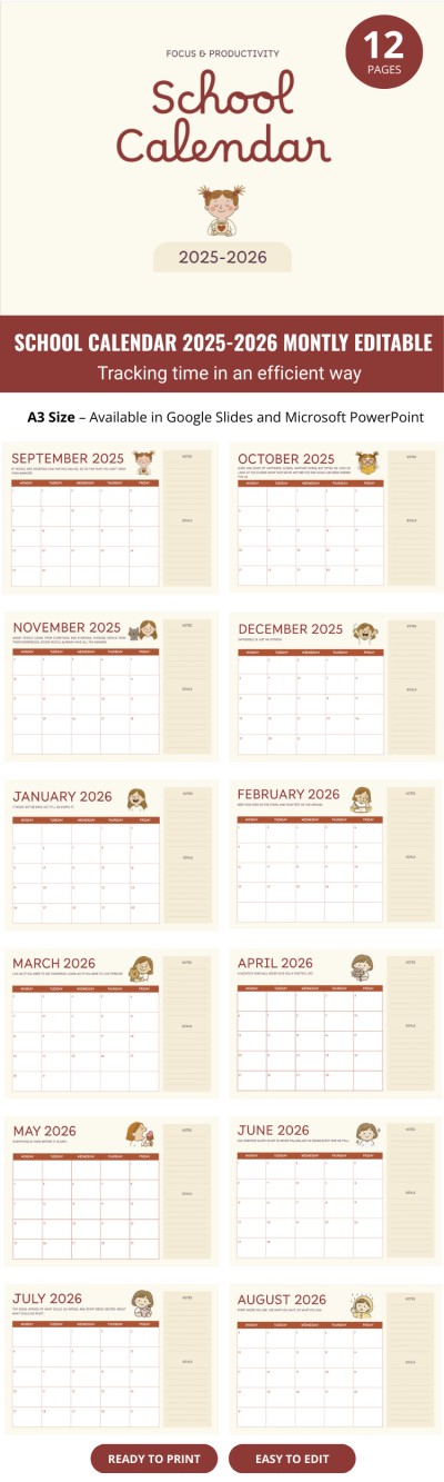 Montly Editable School Calendar 2025-2026