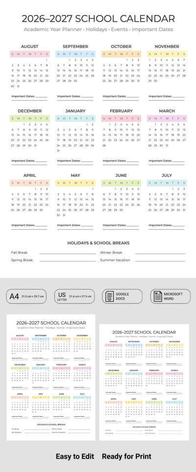 Plantilla de calendario escolar 2026-2027 Plantilla