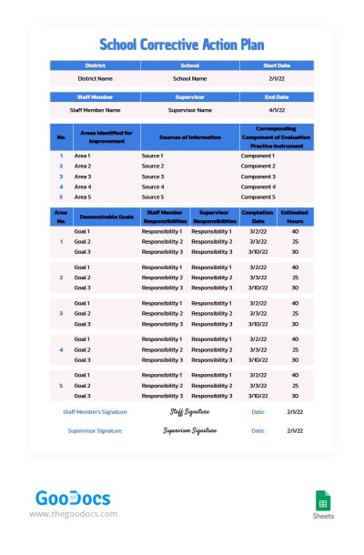 School Corrective Action Plan Template