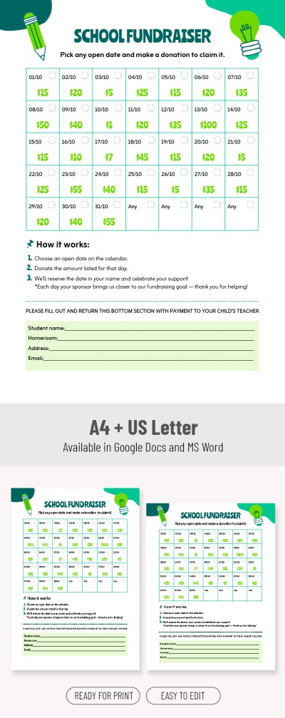 Schulfundraiser-Kalendervorlage Vorlage
