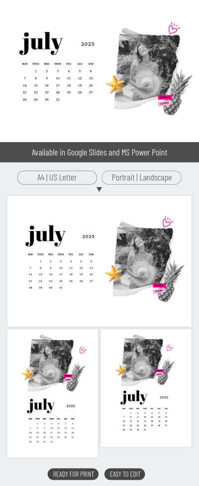 Plantilla de calendario de collage de fotos de álbum de recortes de julio