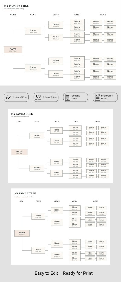 Plantilla simple de árbol genealógico de 5 generaciones Plantilla