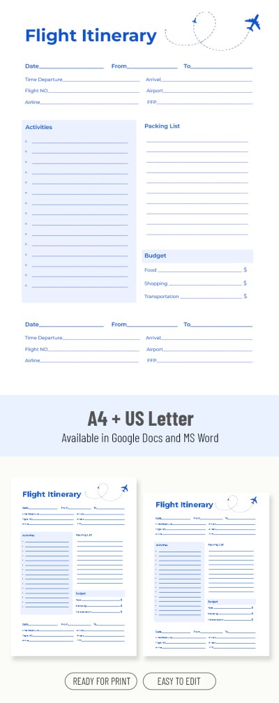 Simple Flight Itinerary Example for Families Template