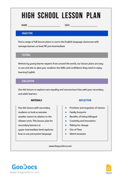 Simple High School Lesson Plan Template
