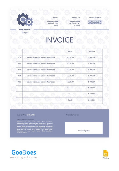 Simple Invoice For Mechanic Template