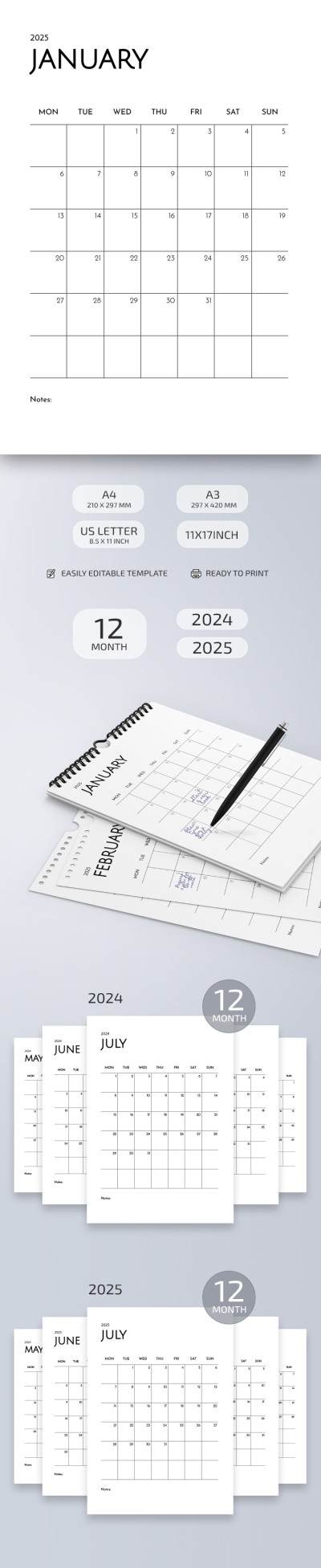 Simple Monthly 2024 2025 Calendar Template