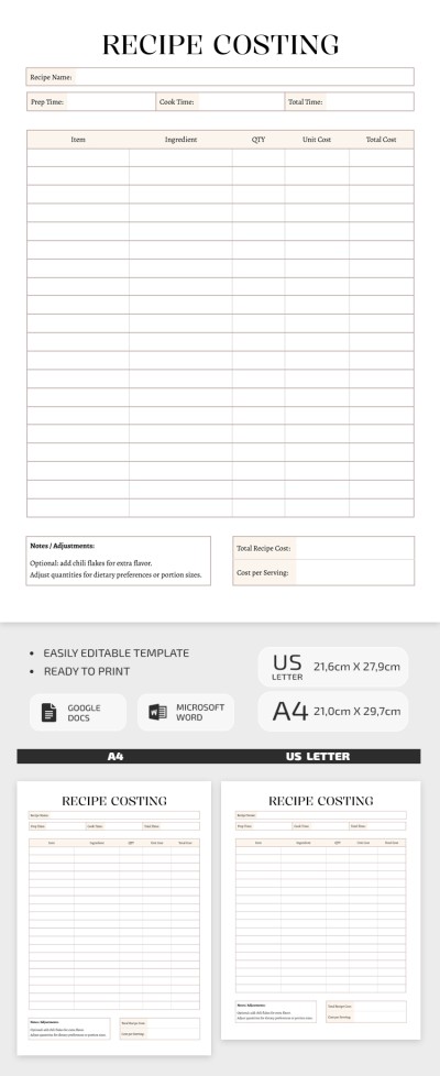 Einfaches Rezept-Kosten-Template Vorlage