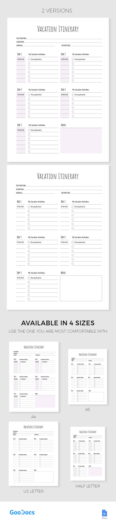 Simple Vacation Itinerary Template