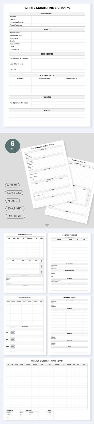 Einfaches Wochenmarketingkalender-Template Vorlage
