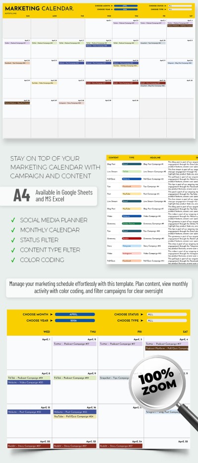 Modelo de Calendário de Marketing em Mídias Sociais Modelo