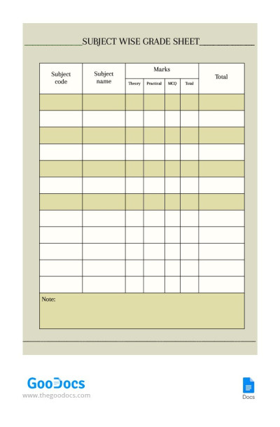 Subject Wise Grade Template