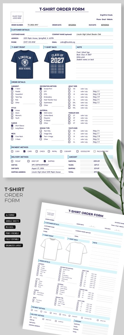 T-Shirt Order Form Template Template