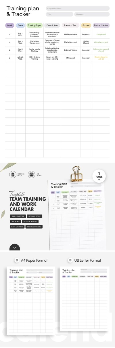 Team Training and Work Calendar Template