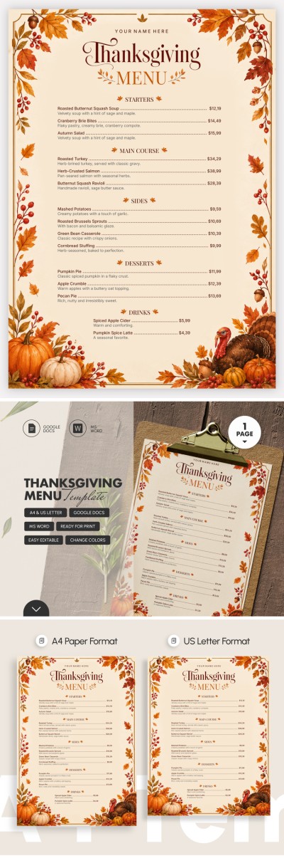 Modelo de Menu de Ação de Graças Modelo