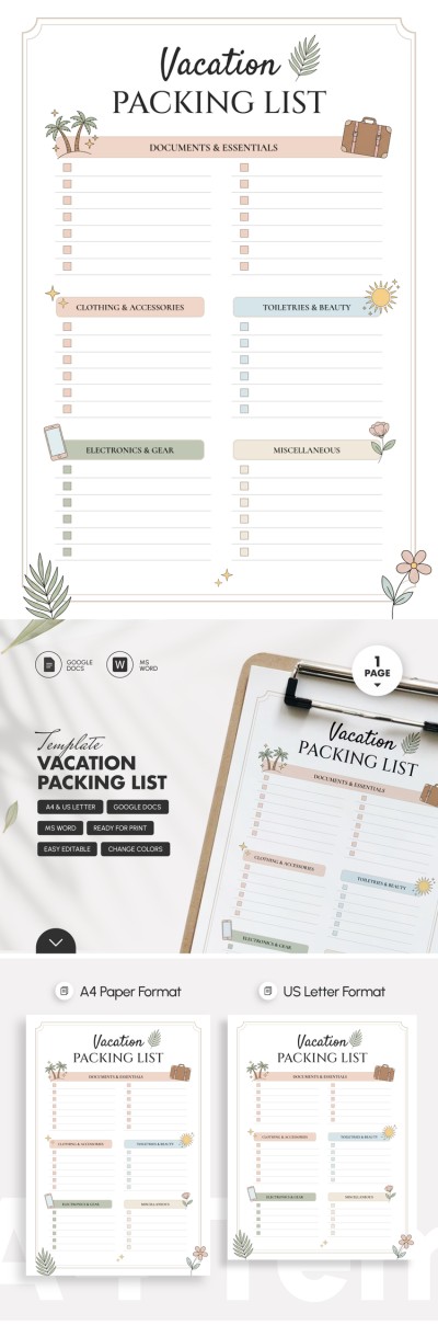 Free Vacation Packing List Template in Google Docs and Microsoft Word ...