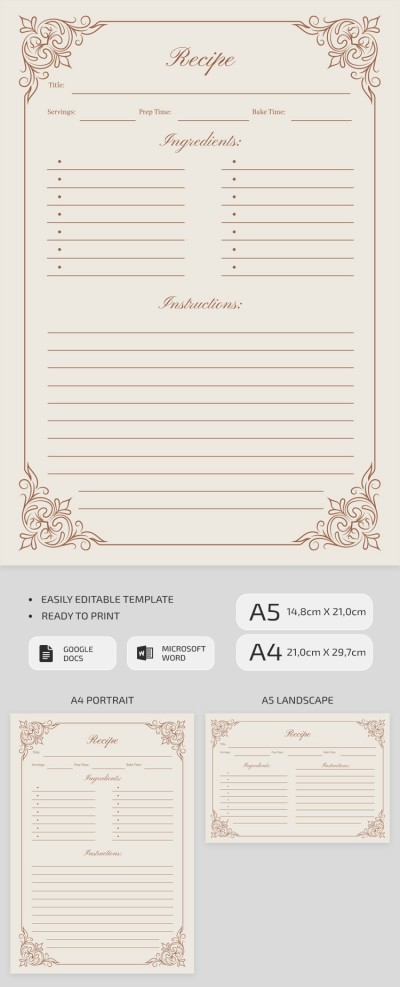 Printable Vintage Recipe Card Template