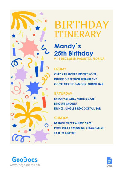 Vivid Birthday Itinerary Template