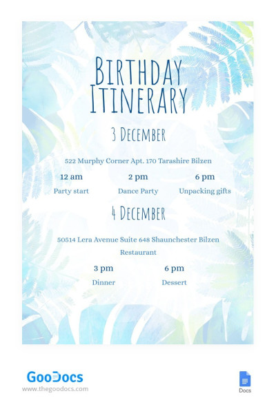 Watercolor Birthday Route Itinerary Template