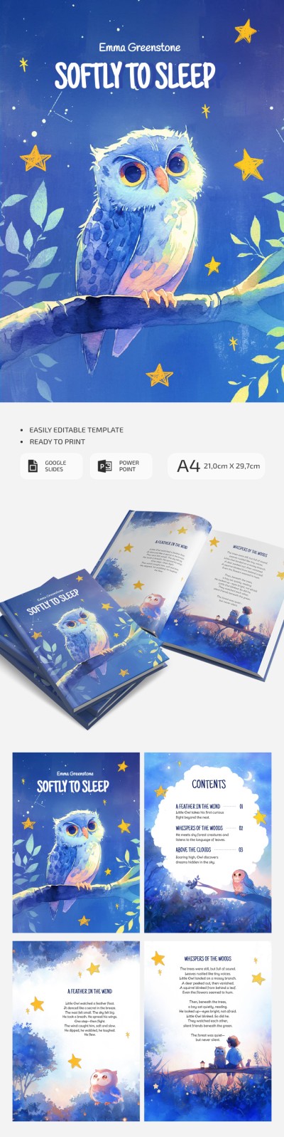 Watercolor Children's Book Template With Cute Owl