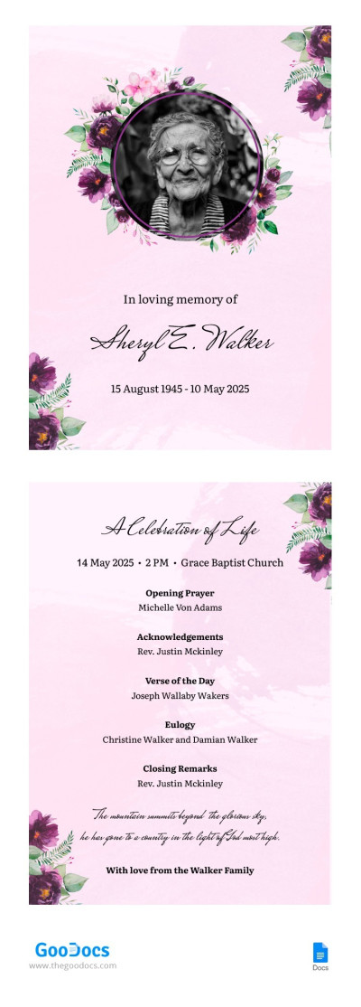 Watercolor Funeral Program Template