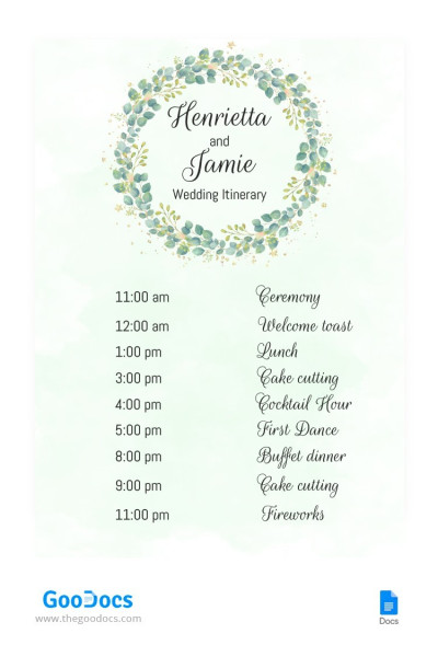 Watercolor Wedding Itinerary Template