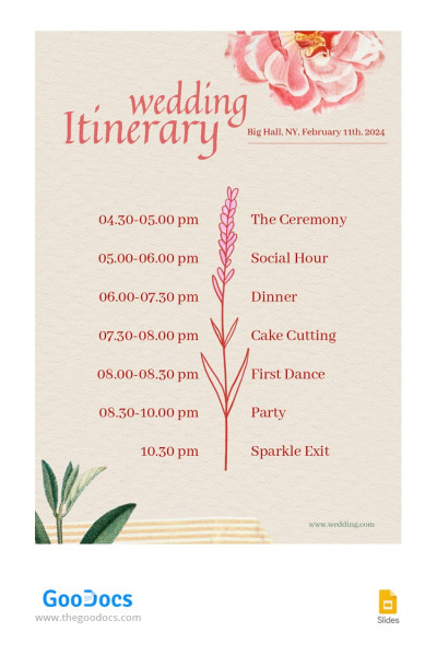 Wedding Flower Itinerary - Wedding Itinerary